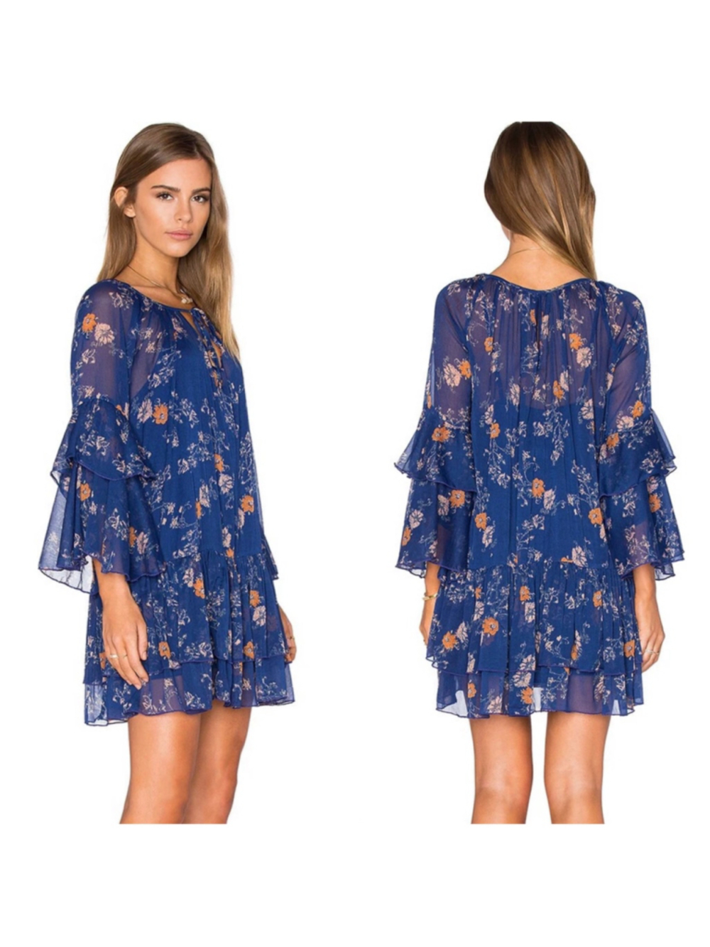 Free People Sunsetter Mini Dress M Navy Blue Floral Tiered Bell Sleeve w/ Slip